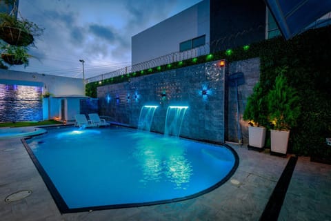 Night, Pool view, Swimming pool, sunbed