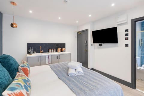 Bed, TV and multimedia, Kitchen or kitchenette, Photo of the whole room, Bedroom, towels