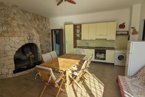 Dining area, fireplace, stove, washing machine