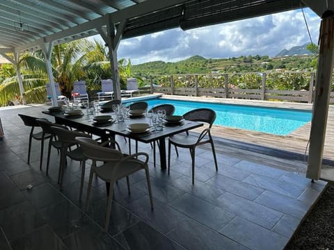 Patio, Dining area, Pool view