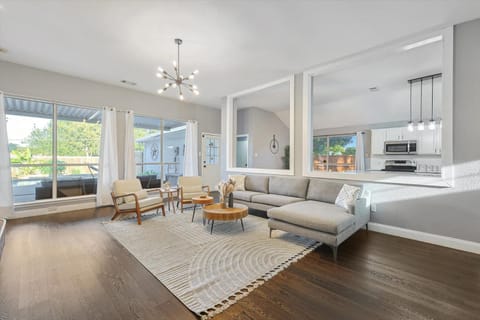 Living room, Seating area, Pool view