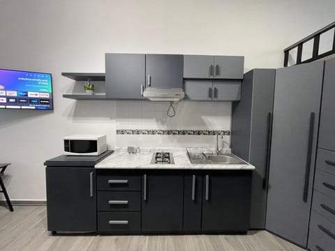 Kitchen or kitchenette, stove