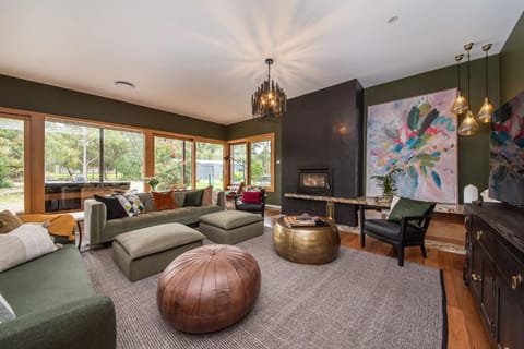 Living room, Seating area, Garden view, fireplace