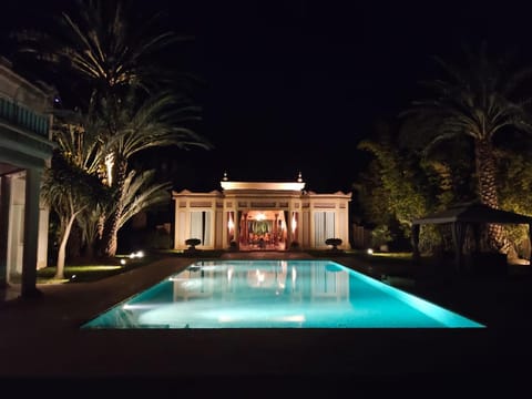 Property building, Night, Garden, Garden view, Pool view, Swimming pool