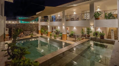 Property building, Patio, Night, Hot Tub, View (from property/room), Balcony/Terrace, Pool view, Swimming pool, Swimming pool