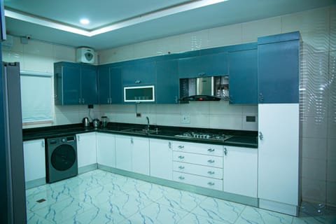 Kitchen or kitchenette, stove, washing machine, dryer