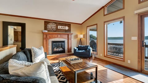 Living room, Seating area, Lake view, fireplace