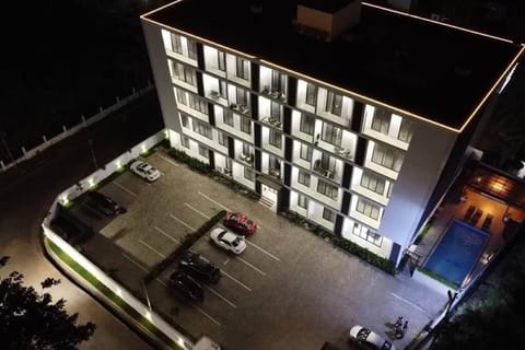 Property building, Night, Neighbourhood, Bird's eye view, Street view, Location, Parking