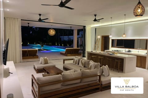 Night, Living room, Pool view