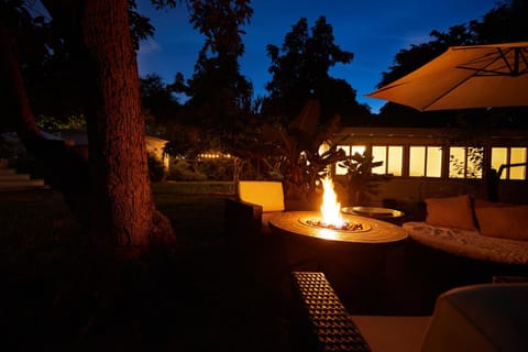 Patio, Night, Garden, Seating area, Garden view, fireplace