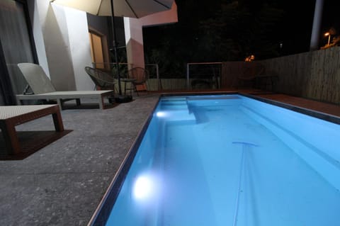 Night, Pool view, Swimming pool, sunbed