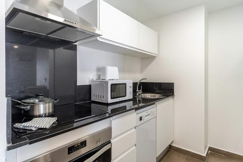 Kitchen or kitchenette, dishwasher, oven