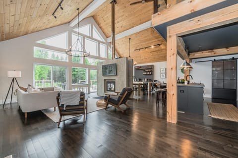 Living room, fireplace, kitchen