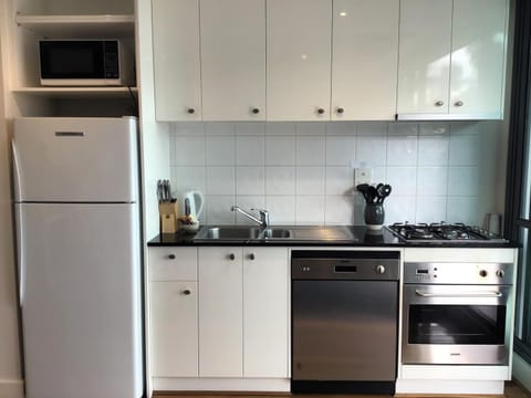 Kitchen or kitchenette, dishwasher, oven, stove