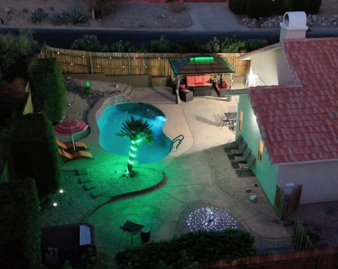 Property building, Night, Bird's eye view, Pool view, Swimming pool, sunbed