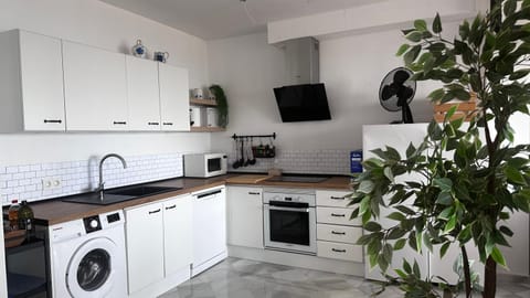 Kitchen or kitchenette, dishwasher, microwave, oven, stove, toaster, washing machine