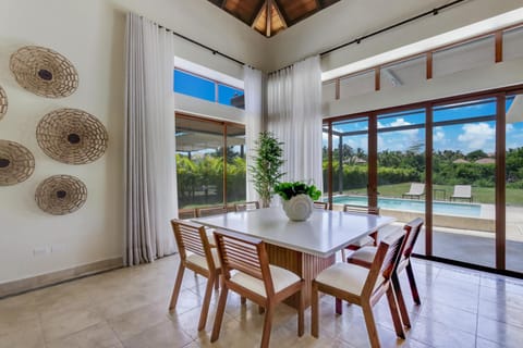 Patio, Dining area, Pool view