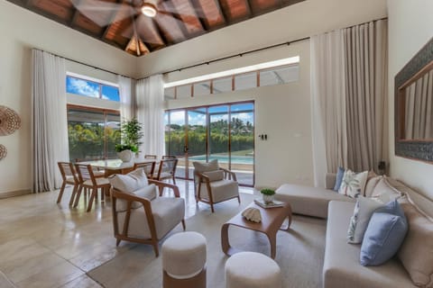 Living room, Seating area, Pool view