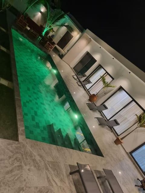 Night, Pool view, Swimming pool, sunbed