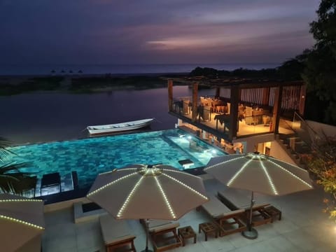 Patio, Night, Natural landscape, Pool view, Swimming pool