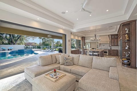 Living room, Seating area, Pool view