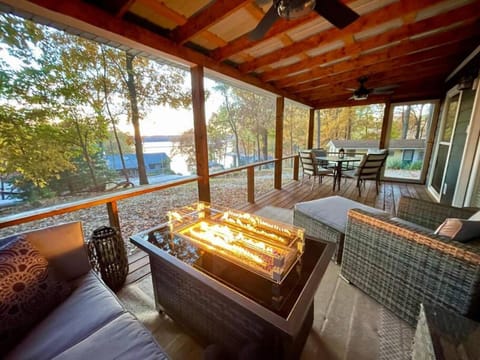 Patio, Seating area, Lake view, fireplace