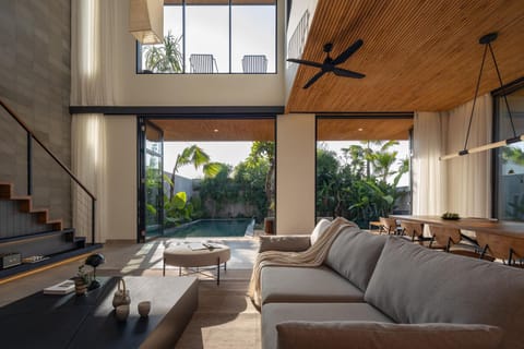 Living room, Seating area, Pool view