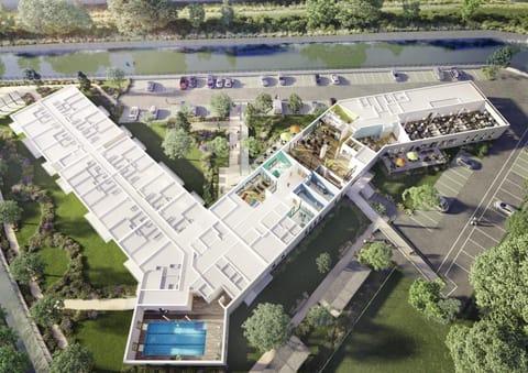 Property building, Neighbourhood, Bird's eye view, Location, Parking