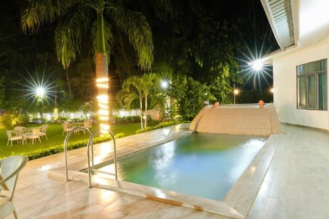 Night, Seating area, Swimming pool