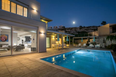 Property building, Patio, Night, Pool view, Swimming pool