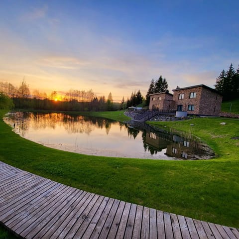 Property building, Spring, Natural landscape, Lake view, Sunset