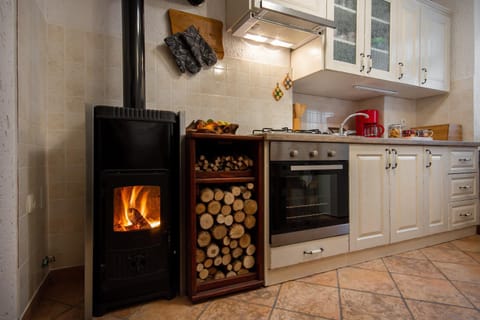 Winter, fireplace, kitchen