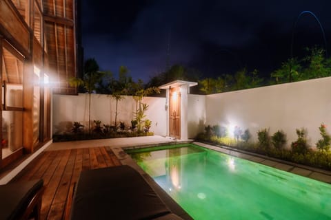 Patio, Night, Natural landscape, Pool view, Swimming pool, sunbed