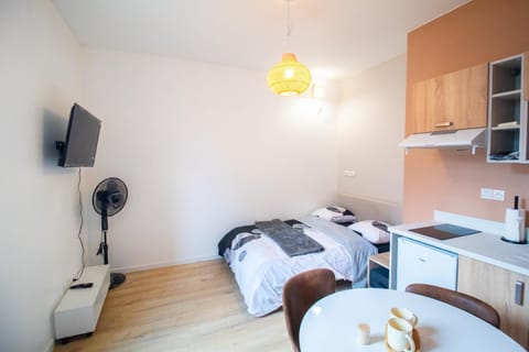 Bed, TV and multimedia, Kitchen or kitchenette, Photo of the whole room, Bedroom, towels
