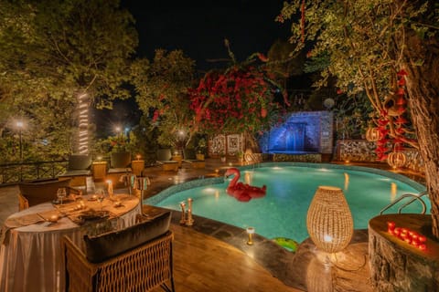 Patio, Night, Natural landscape, Garden, Garden view, Pool view, Swimming pool, sunbed