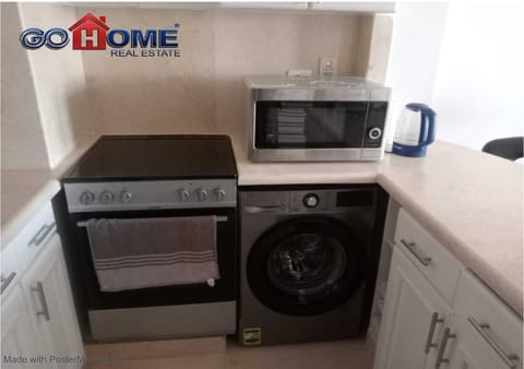 Kitchen or kitchenette, stove, washing machine