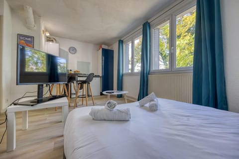 Bed, TV and multimedia, Photo of the whole room, Bedroom, towels, air conditioner