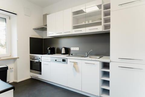 Kitchen or kitchenette, dishwasher, stove