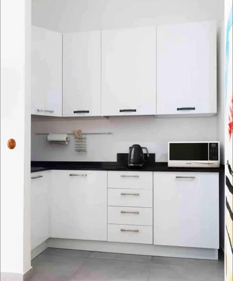 Kitchen or kitchenette, microwave, stove, washing machine, dryer