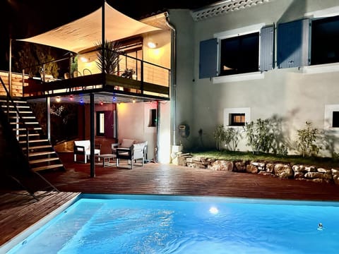 Patio, Night, Swimming pool, sunbed