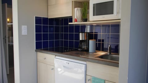 Kitchen or kitchenette, dishwasher, microwave