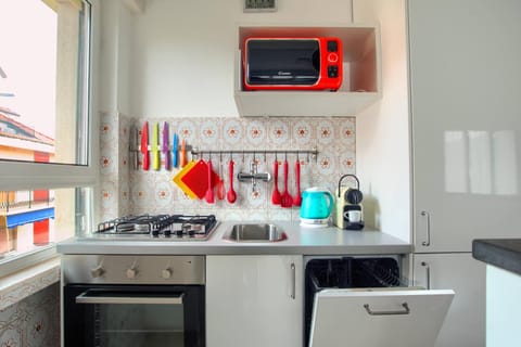 Kitchen or kitchenette, dishwasher, oven, stove