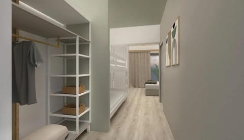 Bed, wardrobe