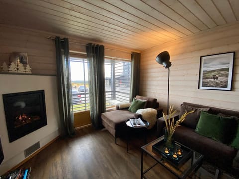 View (from property/room), Living room, Seating area, Mountain view, flat iron