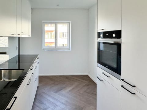 Kitchen or kitchenette, dishwasher, oven, stove