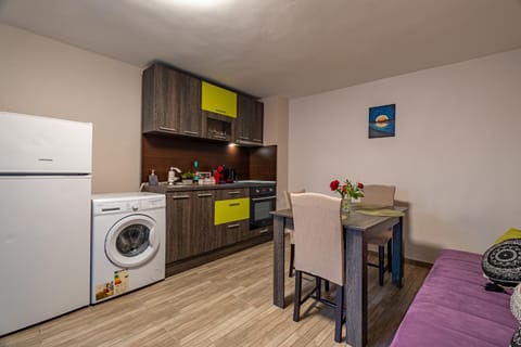 Coffee/tea facilities, Kitchen or kitchenette, Seating area, Dining area, oven, stove, washing machine
