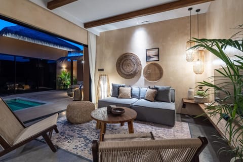 Patio, Night, Garden, Living room, Seating area, Garden view, Pool view, Swimming pool