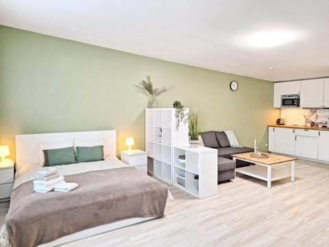 Bed, kitchen