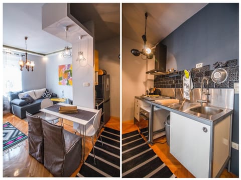 Kitchen or kitchenette, Living room, Seating area, Dining area