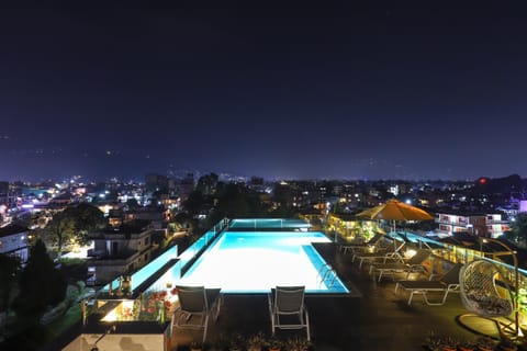 Night, City view, Swimming pool, Swimming pool